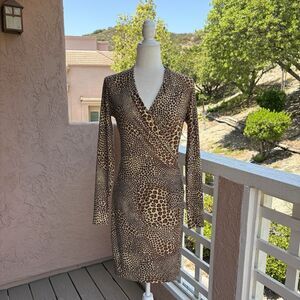 Norma Kamali Women Small Faux Wrap Dress Long Sleeve Side Drape Animal Print